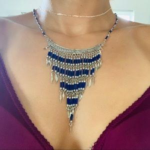 Tribal Blue and Silver Bell and Spike Necklace